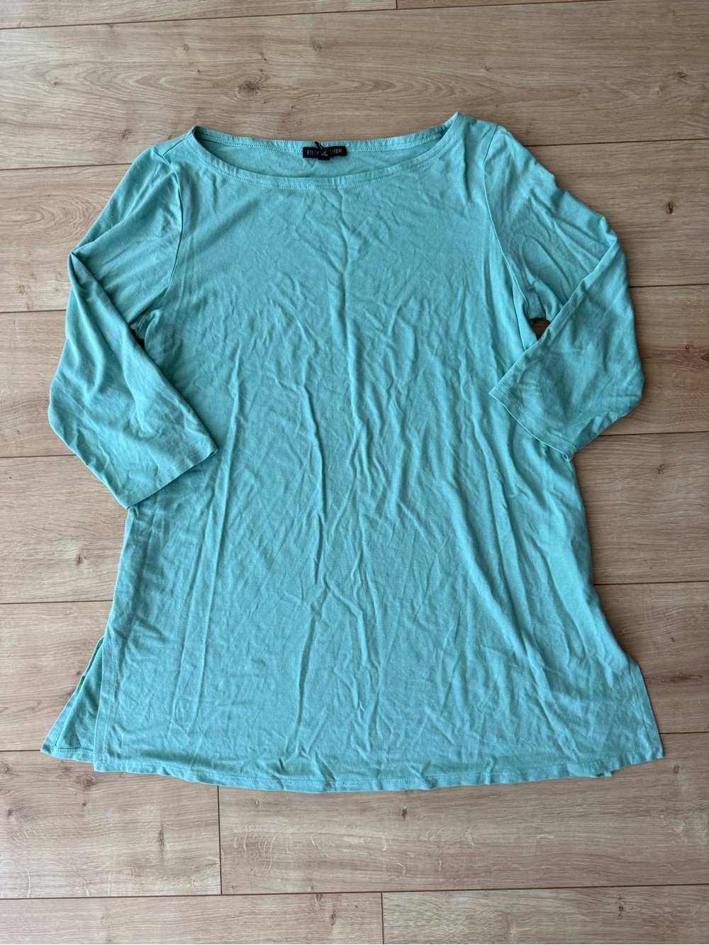 Eileen Fisher Aqua Tencel Lyocell 3/4 Sleeve Tunic Top Medium Stretch Knit